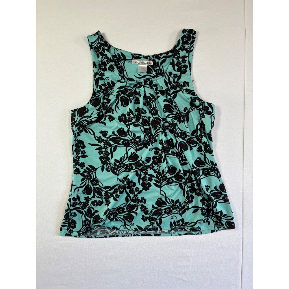 Linea Donatella Womens Floral Tank Top Aqua Black Sleeveless Pleated Neck M‎